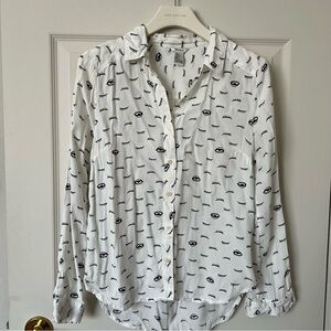 White Button Down Shirt With Black Eye Pattern